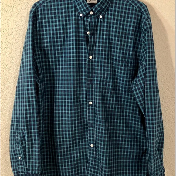 Men’s Sewn For J CREW Tartan Plaid Button Front Shirt Navy Green 100% Cotton L - Picture 1 of 8